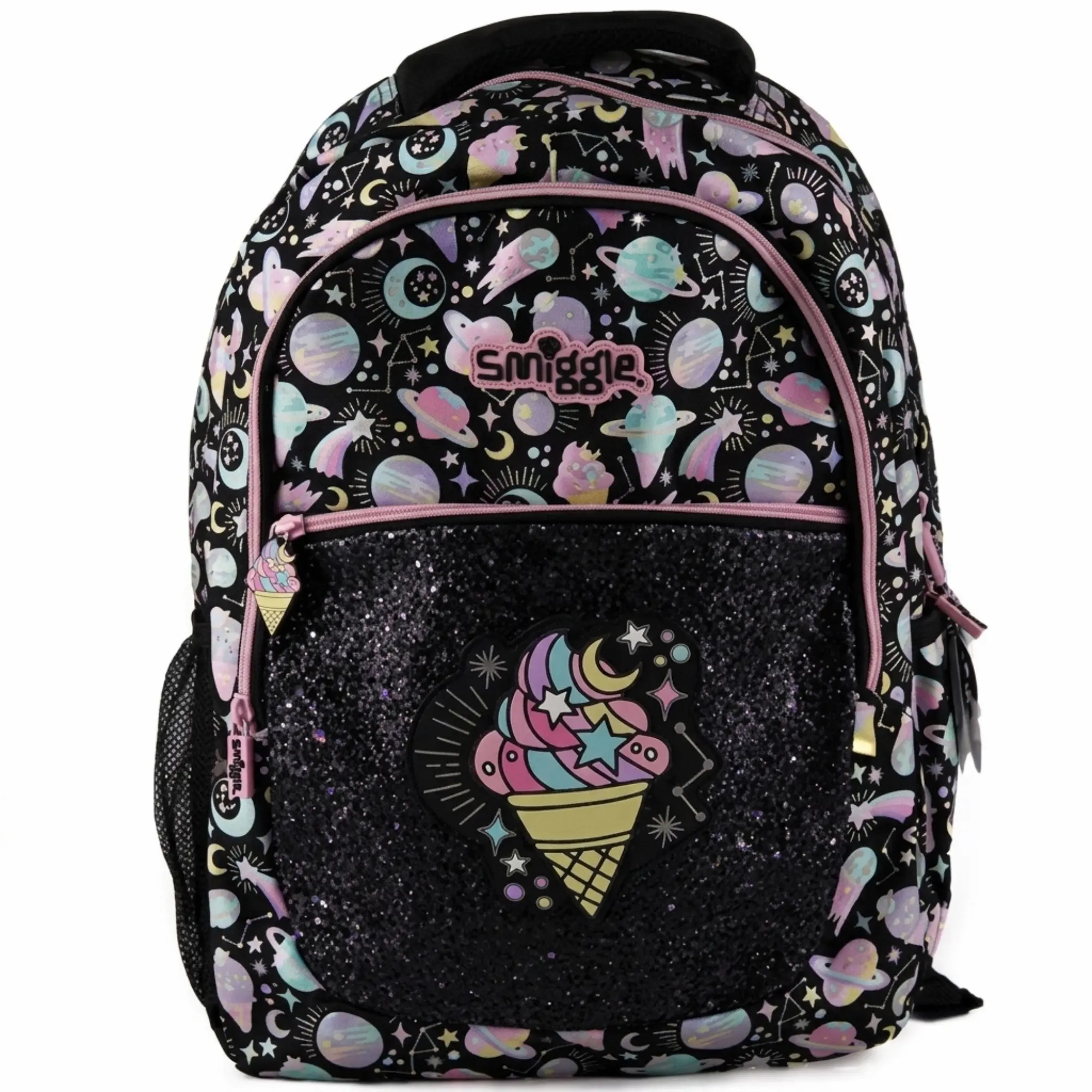 Smiggle Black Galaxy Ice Cream School Backpack Glitter Pocket Cosmic Space Bookbag Large Capacity for Girls