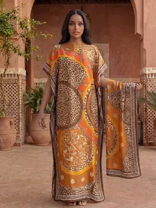 Women's Leopard Pattern Robe Set, Casual Long Dress + Headscarf Scarf Hairband, Beach Sun Protection Satin Silk Shawl