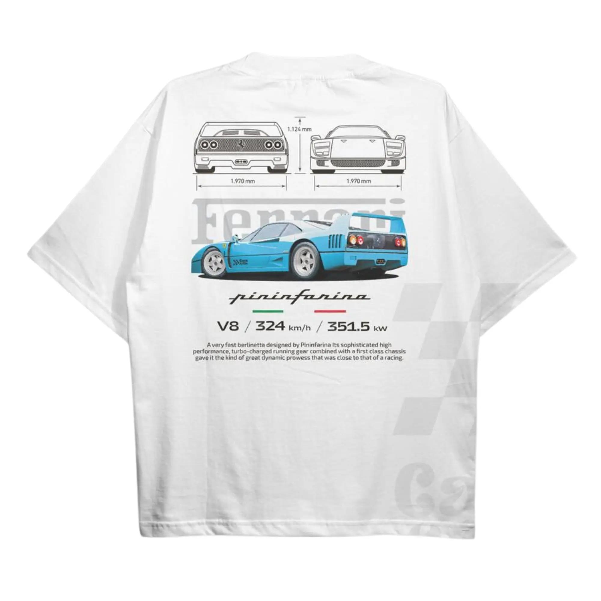 F40 Pininfarina Aesthetic Tshirt, F40 Blueprint T-Shirt, F40 Vintage Shirt Menswear Top Underwear Streetwear BLUE Tropical