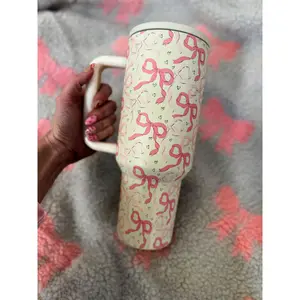 Bright Pink 40oz Cute Bow Print Tiny Heart Flip Straw Handled Vacuum Spill Proof Tumbler
