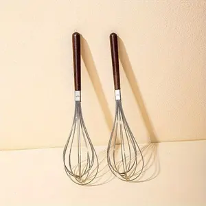 1pc, Stainless Steel Egg Beater, Manual Household Wooden Handle Mixer, Baking Specific Egg Beater, Handheld Mixer.
