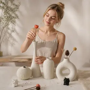 4 Piece Bohemian Wave Art Vase Set, Plastic Cylindrical Vases for Dried Flower Arrangements, Home Office Decor, No Power Required