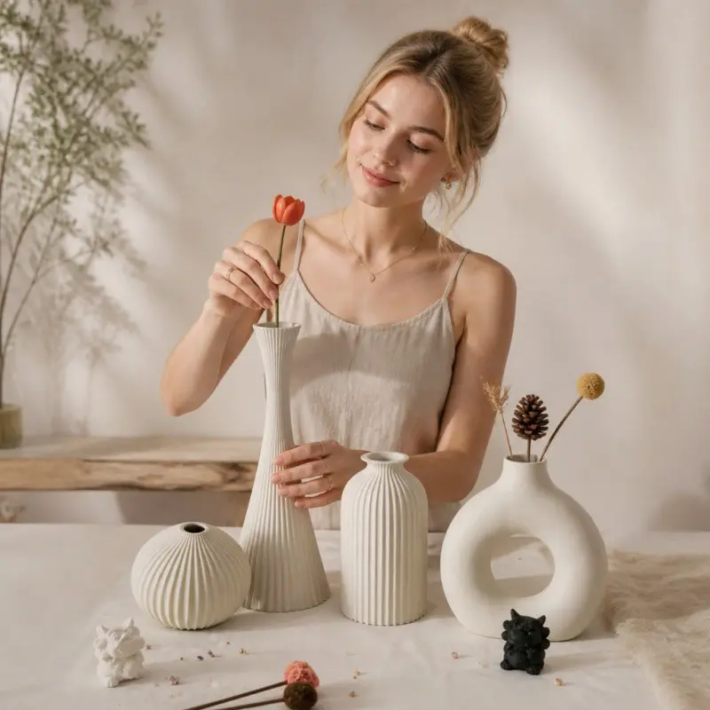 4 Piece Bohemian Wave Art Vase Set, Plastic Cylindrical Vases for Dried Flower Arrangements, Home Office Decor, No Power Required