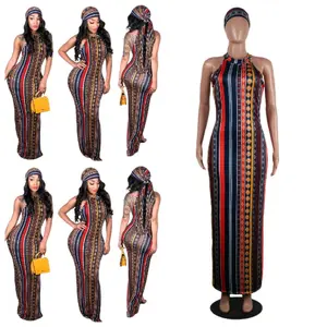 Fashion Style Women's Sleeve Printing Plus Size Long Dress African Dresses Casual Drawstring Backless Multicolor Striped Womenswear for Any Occasion - Fit, Formal