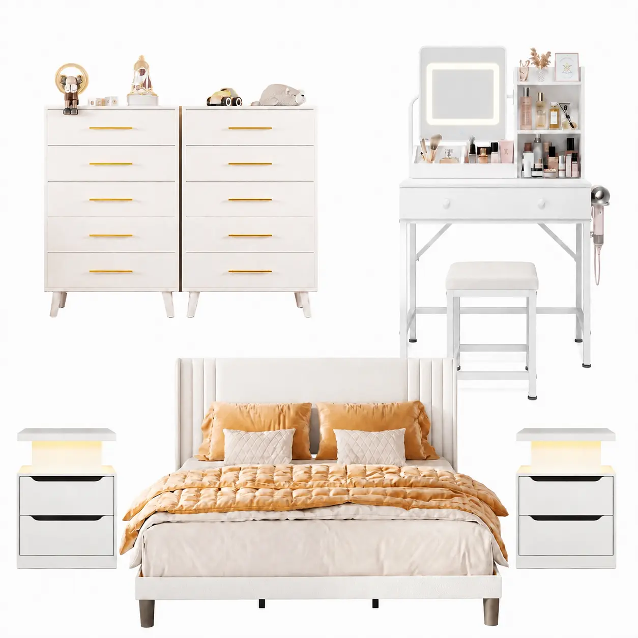 GIZOON 6-Piece White Wood Adjustable Ergonomic Indoor Bedroom Furniture Matching Set - Queen Bed Frame, LED Mirror Makeup Vanity, 2x5-Drawer Dresser, 2 LED-Nightstands, Matching Bedroom Sets