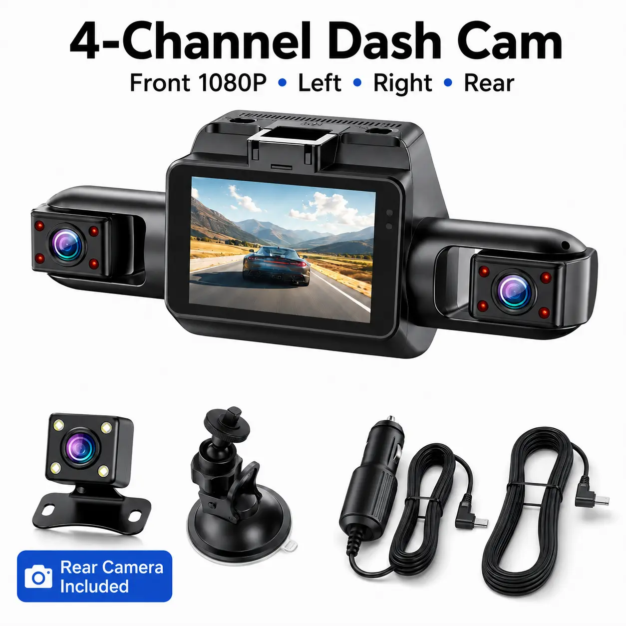 4-Channel Dash Cam with 1080P Front Camera, Adjustable Left & Right Lenses, Rear Camera, Night Recording, Loop Recording & G-Sensor, MicroSD Card Not Included