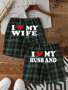 I ❤️ MY WIFE/HUSBAND Couple Plaid Pajama Shorts Set | Casual Loungewear Bottoms | Soft Plaid Fabric | Bold Romantic Love Aesthetic | Elastic Waistband for Comfort | Eye-Catching Heart & Text Print | Versatile Home Wear | Perfect for Married Couples Style