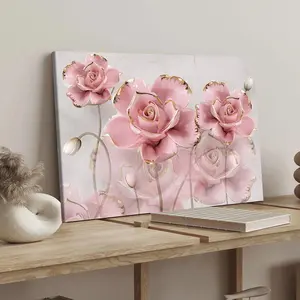 Rose Pattern Canvas Painting with Frame Modern Art Decoration, Wooden Wall Art for Home Living Room Bedroom Office