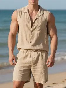 Men's Linen Set Casual Fashion Lapel Sleeveless Shirt Shorts Thin Summer, Natural Waist Fitted Plain Crop Top Short Pants