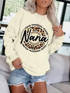 Women's Casual Fitted Graphic Printed Nana Letter Sweatshirt, Soft Long Sleeve Round Neck Pullover, All-Season Comfortable Daily Wear, Womenswear