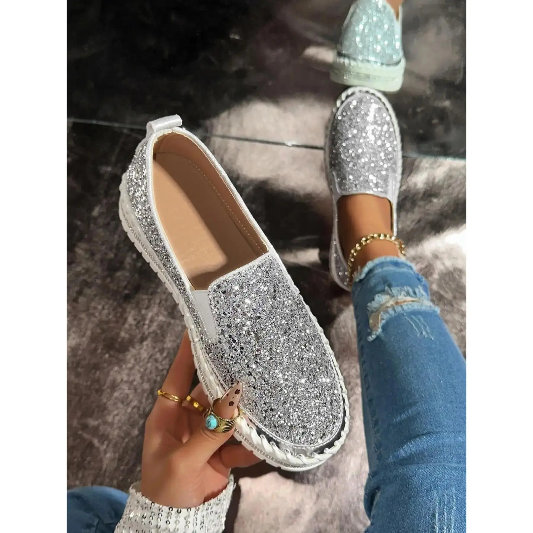 Women's Fashionable Glitter Rhinestone Decorated Slip on Loafers, Casual Comfortable Low Top Shoes for Daily Wear, Lightweight Breathable Shoes for Women & Girls
