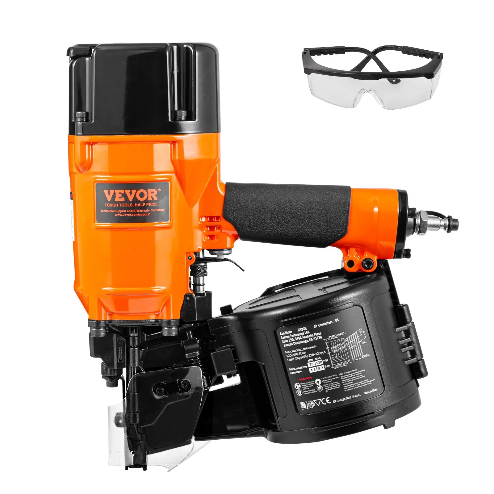 VEVOR Coil Siding/Framing Nailer CN83N, 2 to 3-1/4 15 Degree Pneumatic Siding Nail Gun with Tool-Less Depth Adjustment, 70-120PSI Air Coil Nailer for Siding Sheathing Wooding Fencing Decking
