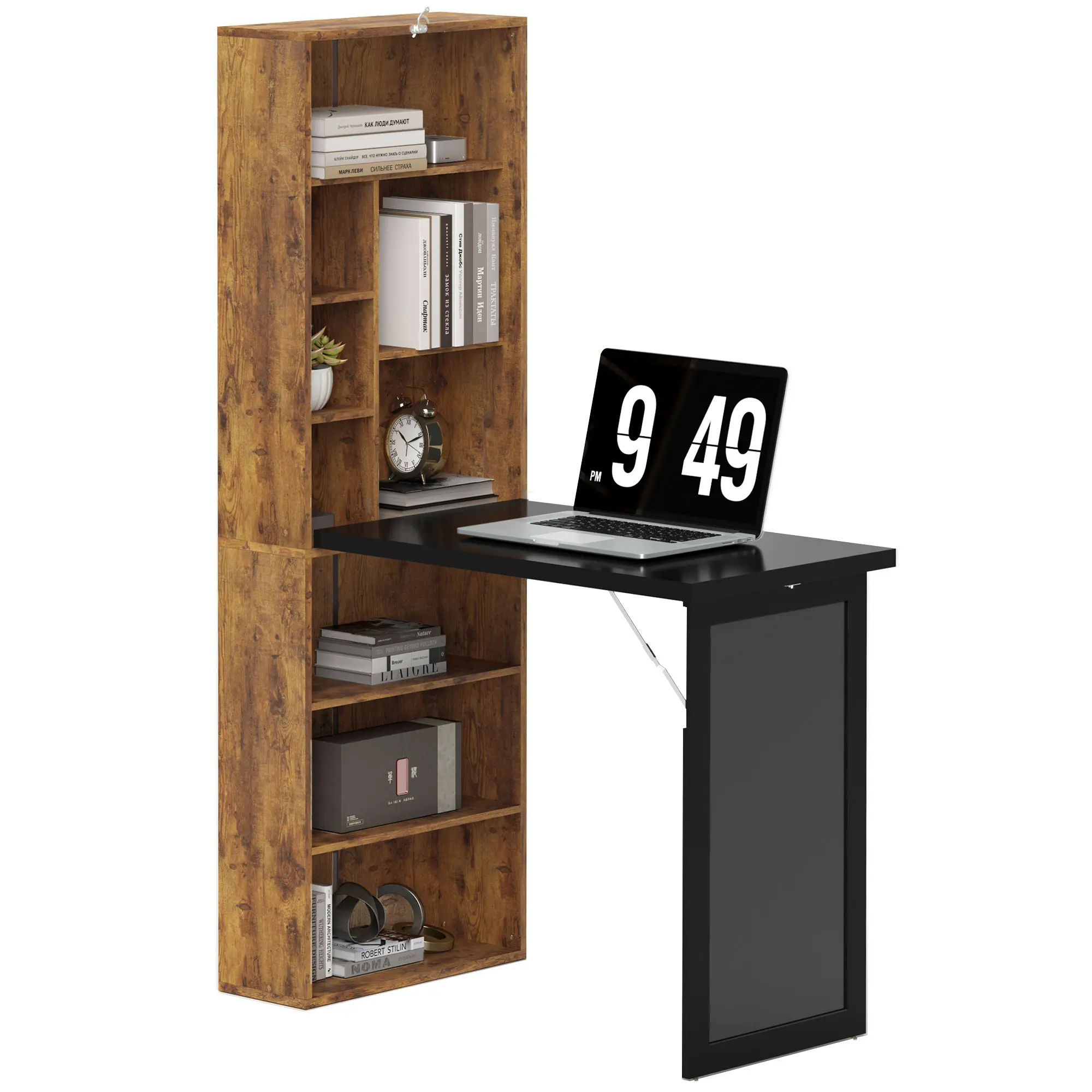 Fold-Out Wall Mount Desk – Rustic Brown. Folds to 7.7" Deep. 110 lbs Desktop Capacity. 6 Upper + 3 Lower Shelves (Adjustable). Chalkboard Front. Anti-Tipping