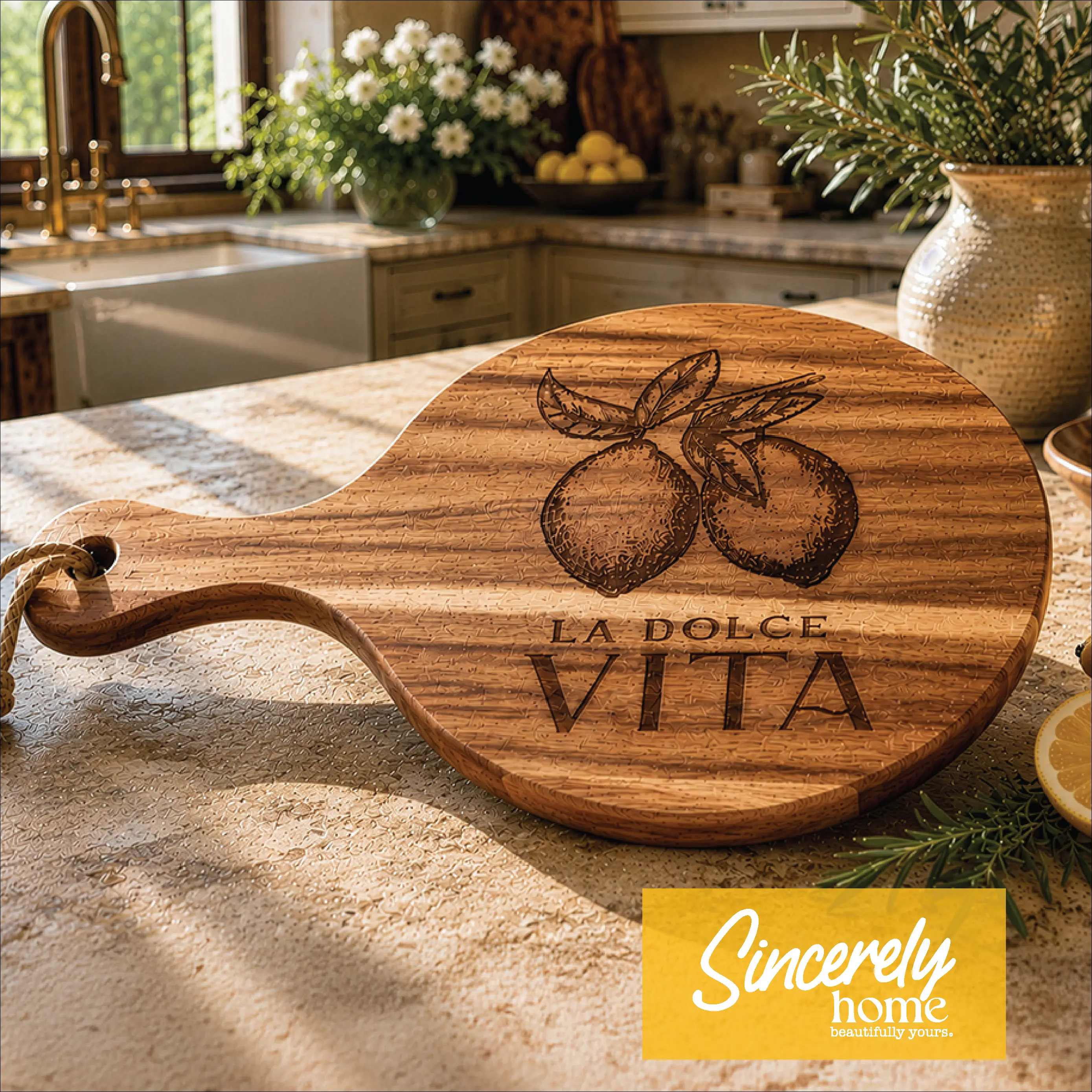 Lemon Acacia Wood Charcuterie Board, Engraved Cutting Board & Serving Tray – Italian Kitchen Decor Wooden