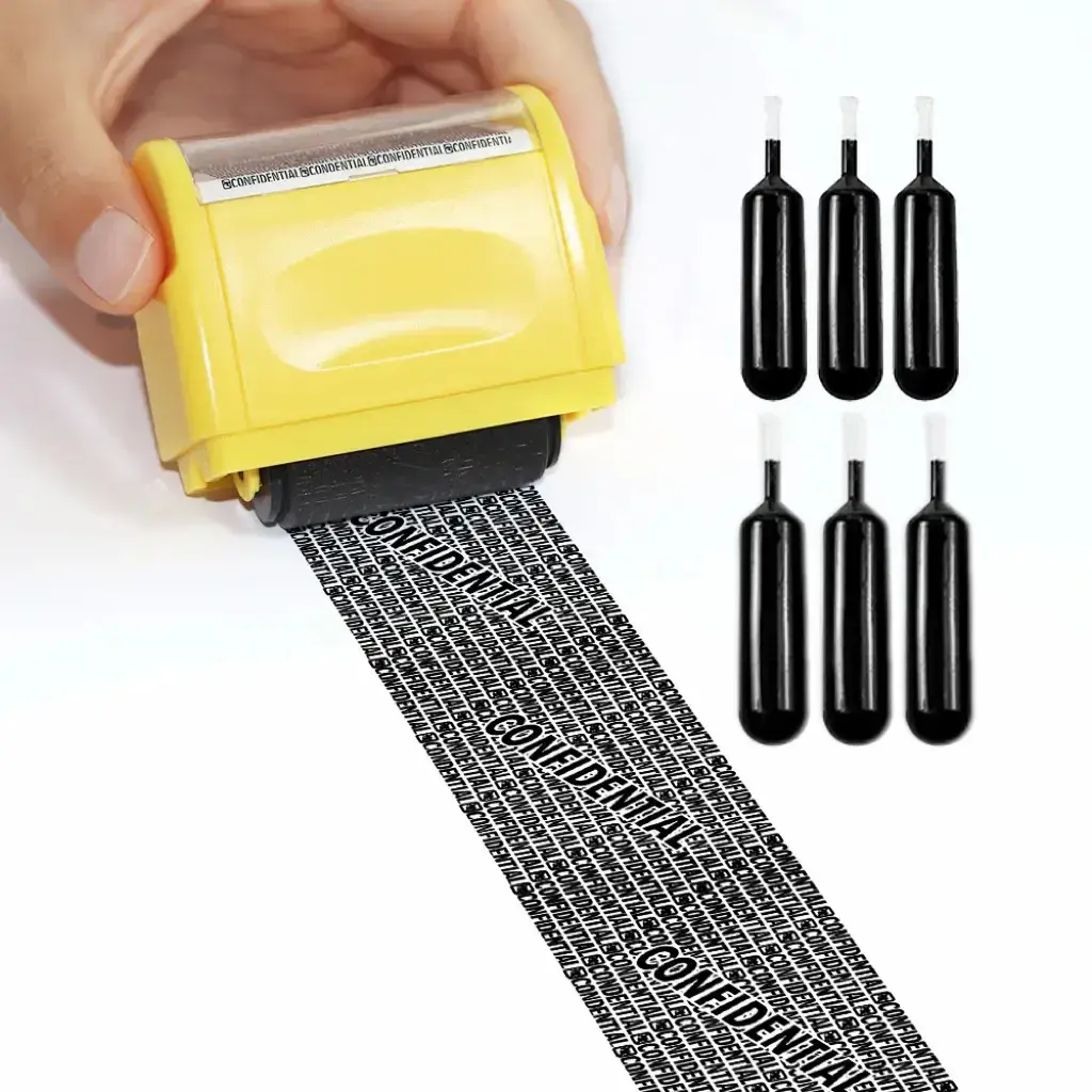 Privacy Roller Stamp with Extra Ink Refills, Compact ABS Plastic Self-Inking Identity Guard for Confidential Secure Docs, Home Office Accessory
