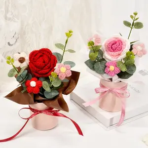 Knitted Flower Bouquet Crochet Rose Flowers Hugging Bucket New Year Gifts Living Room Desk Decoration Mother's Day Gift