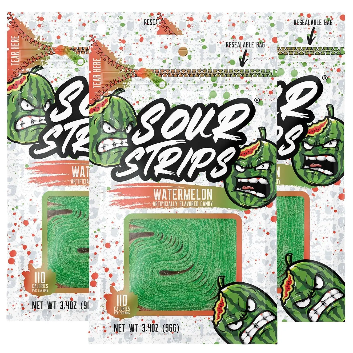 Sour Strips Watermelon Sour Candy Belt Peg  3.4 oz 12 ct