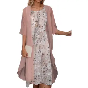 Women's Flowy Two Piece Sets Wedding Guest Cocktail Formal Dress with Chiffon Jacket Casual Boho Floral Midi Dress