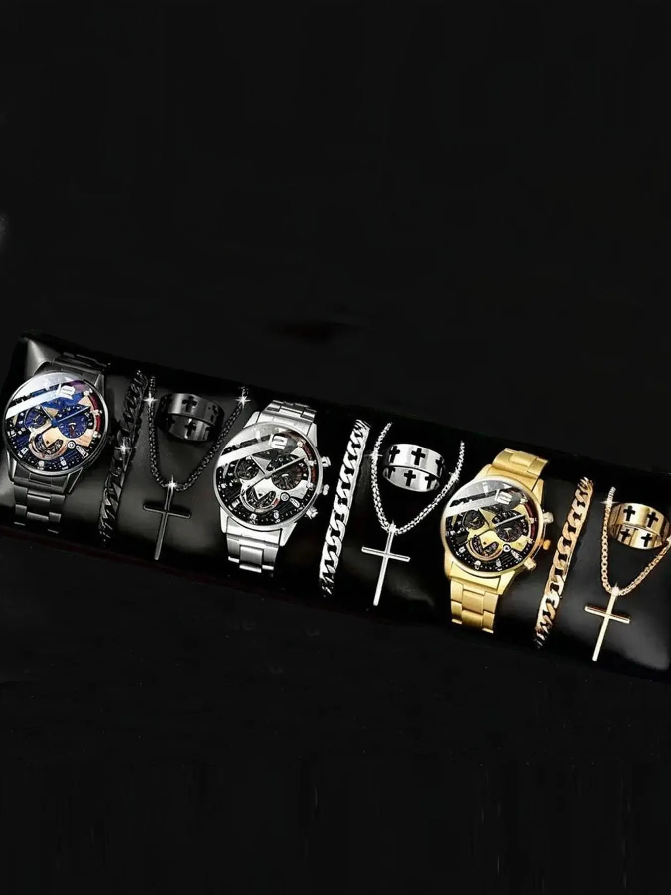 Men's Business Round Dial Analog Quartz Watch, Business Casual Watch, Business Fashion Watches, with Jewelry Set, Including Watch & Chain & Pendant & Ring & Bracelet, Fashion Watch Set for Party, Daily Decor, Watch Set for Gift