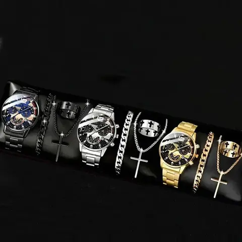 Men's Business Round Dial Analog Quartz Watch, Business Casual Watch, Business Fashion Watches, with Jewelry Set, Including Watch & Chain & Pendant & Ring & Bracelet, Fashion Watch Set for Party, Daily Decor, Watch Set for Gift