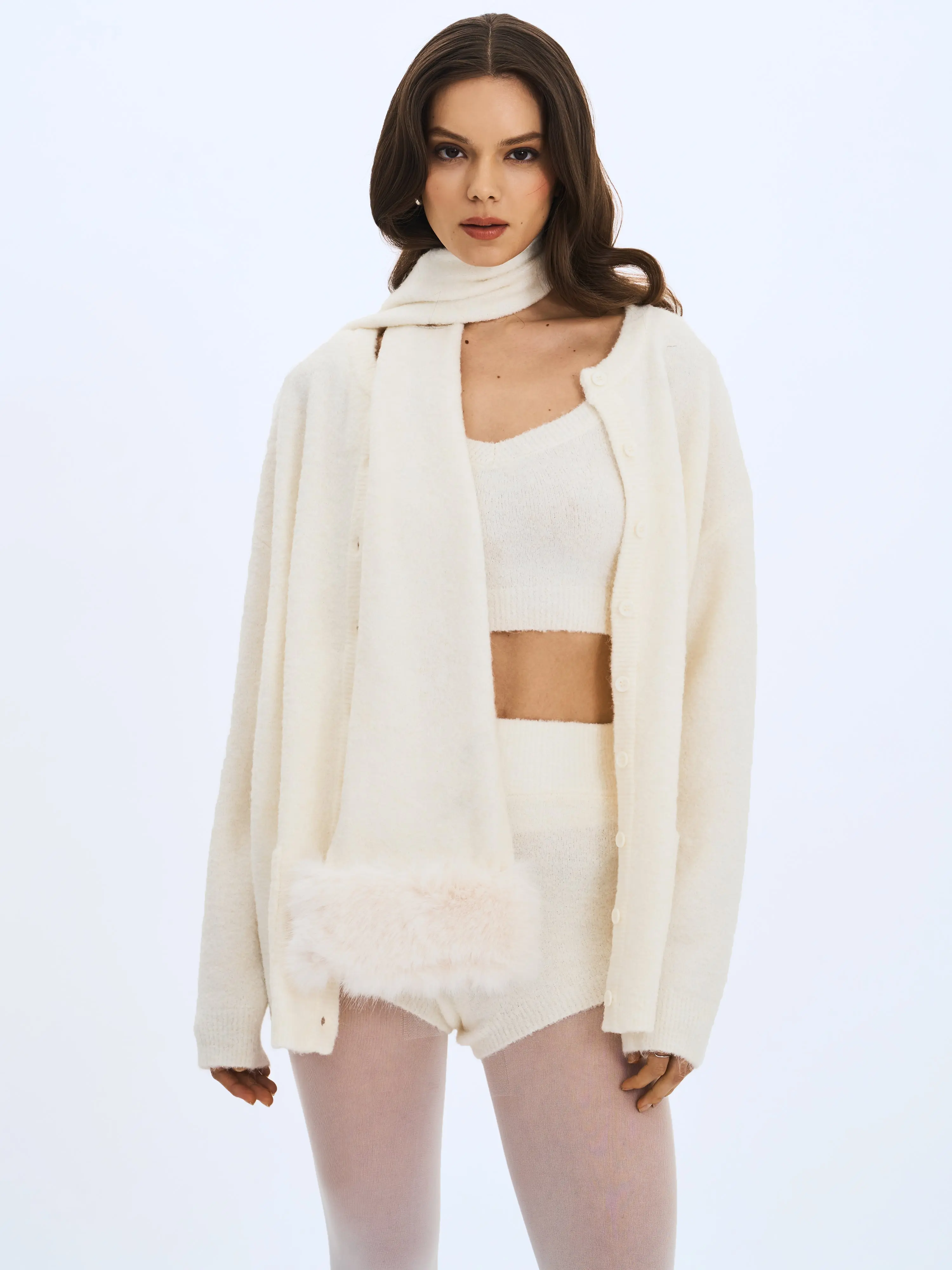 Selma White Wool-Blend Ribbed Knit Scarf
