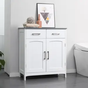 White Freestanding Bathroom Floor Cabinet - Linen Storage Unit with 2 Drawers, Double Doors, and Adjustable Shelf