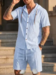 Men's Fashion Casual Vacation Set, Breathable Lightweight Linen Short Suit, 95% Linen 5% Polyester, Ideal for Beach and Outdoor Activities
