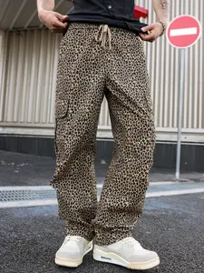 Men's American Leopard Print Cargo Pants, Drawstring Waist Multi-Pocket Design, High Street Vintage Straight Leg Casual Pants