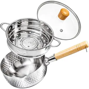 Stainless Steel Saucepan with Steamer, 1.2 Quart Yukihira Sauce Pan with Lid, Traditional Japanese Small Cooking Pot with Wood Handle and Two Side Spouts for Milk, Ramen, Soup, Tempura, 7" Cookware Wooden