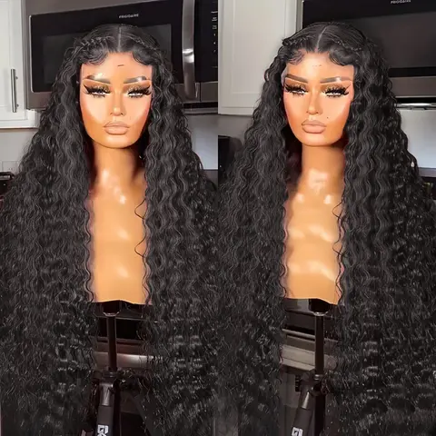 Female Glueless Curly Hair Wig - Women's Black Brazilian Human Hair Lace Front Deep Wave Wig, 12~38In, 13x4/13x6 HD Transparent Lace, 180 Density, Adjustable