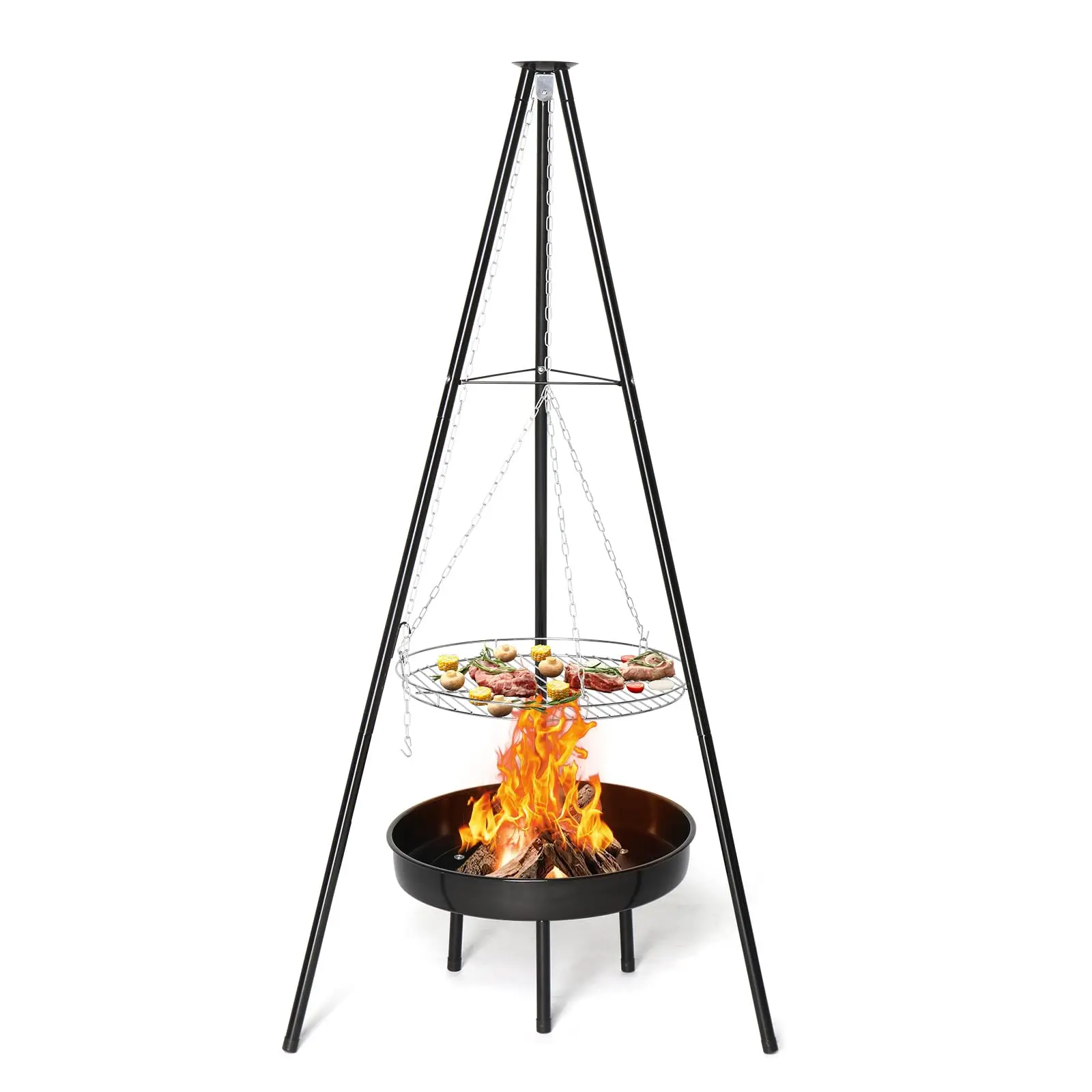 Campfire Tripod Grill Set, Heavy-Duty Iron Construction with Adjustable Hanging Grate & Fire Bowl, Portable & Easy to Set Up for Outdoor Camping & BBQ, Serves 5-8 People, Tripod Legs, Eco-Friendly Fire Bowl, Sturdy Support, Easy Tool-Free Assembly, Open F