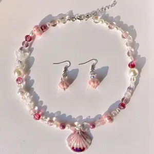 Elegant Pink Pearl Necklace and Earring Set with Shell Pendant - Adjustable Clasp, Perfect for Women and Girls