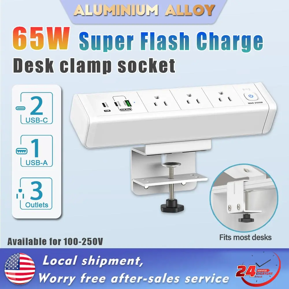 65W Desktop Socket Fast Charge Desk Clamp Power Strip With USB Type C Heavy Duty Extension Cord 2 Meters Wire Switch Surge Protector Aluminum Alloy Fireproof For Home Office Hotel Desk Table