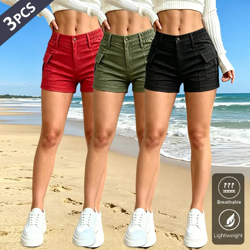 3-Pack Women's Trendy Solid Straight Leg Cargo Hot Shorts, Slim Fit High Waist Design Casual Bottoms Suitable for Summer Daily Wear, Beach Vacations and Outdoor Outings