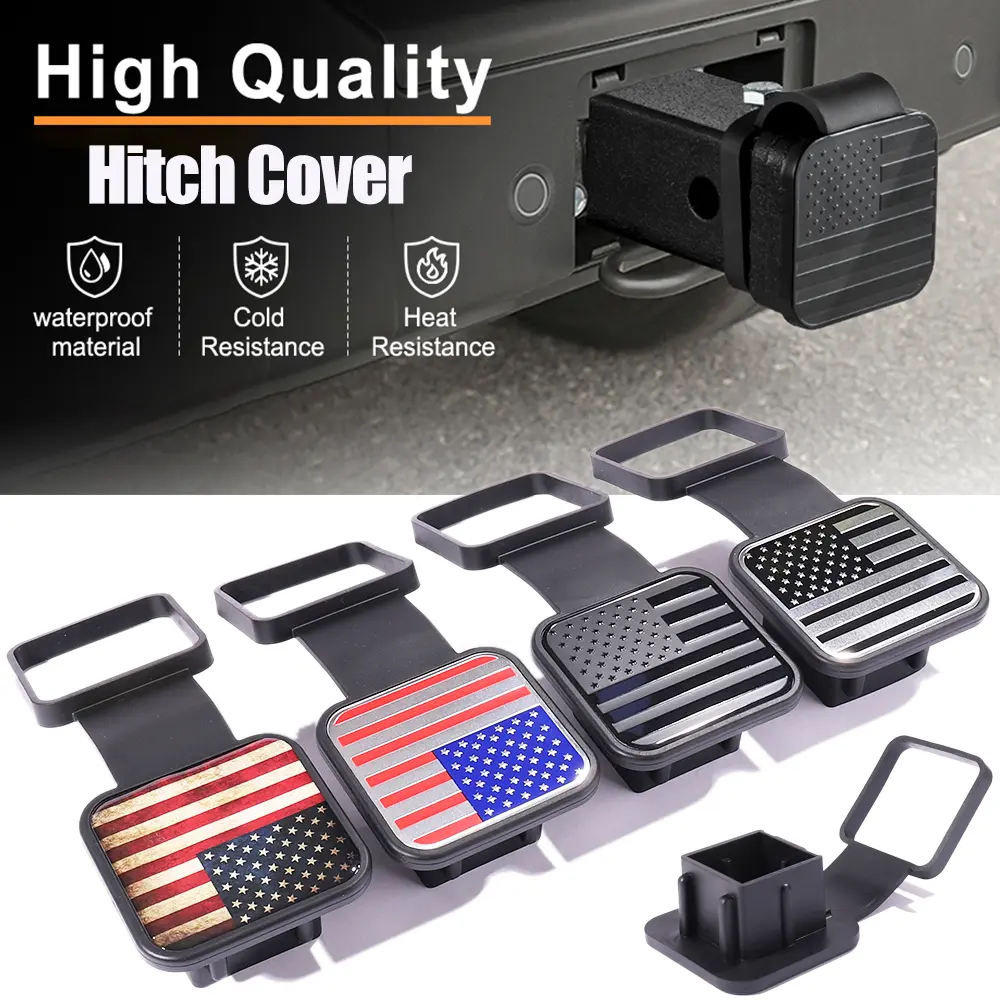 JTtrading 2" Plastic & Aluminum Alloy USA Flag Hitch Receiver Cover - Truck Accessories, Tow Trailer Tube Plug Cap with 4-Way Flat Insert, Black/Silver Car Exterior Accessory for ATVs (Car Wash-Safe)