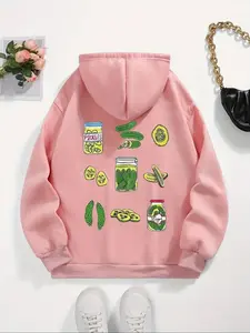 Women's Cucumber Print Drawstring Pocket Thermal Lined Hoodie, Casual Drop Shoulder Long Sleeve Hooded Sweatshirt, Ladies Fall & Winter Clothes for Daily Wear