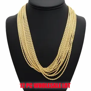 12PC 1DZ Wholesale Lot - Gold Plated Brass 14K Stamped Rope Chain 3mm 8" 18" 20" 24" 30" 36" Necklace Bracelet Accessory for Unisex Men & Women, Available in Various Sizes