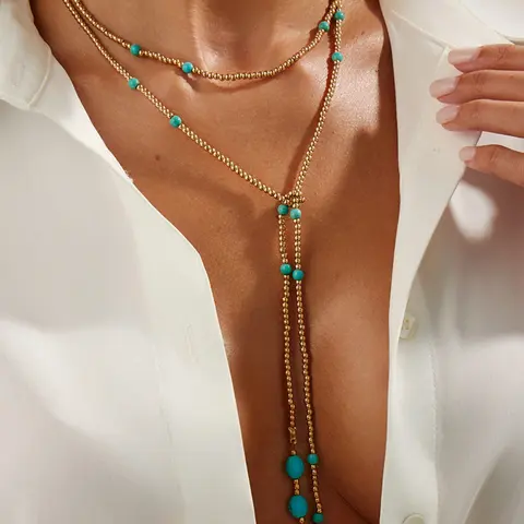 Boho Style Cbb Turquoise Beaded Chain Necklace for Women, Boho Necklaces, Modern Versatile Accessories, Long Clavicle Chain, Casual Daily Wear, Party, Vacation, Gift, Fall Winter Jewelry, Jewelry Gifts