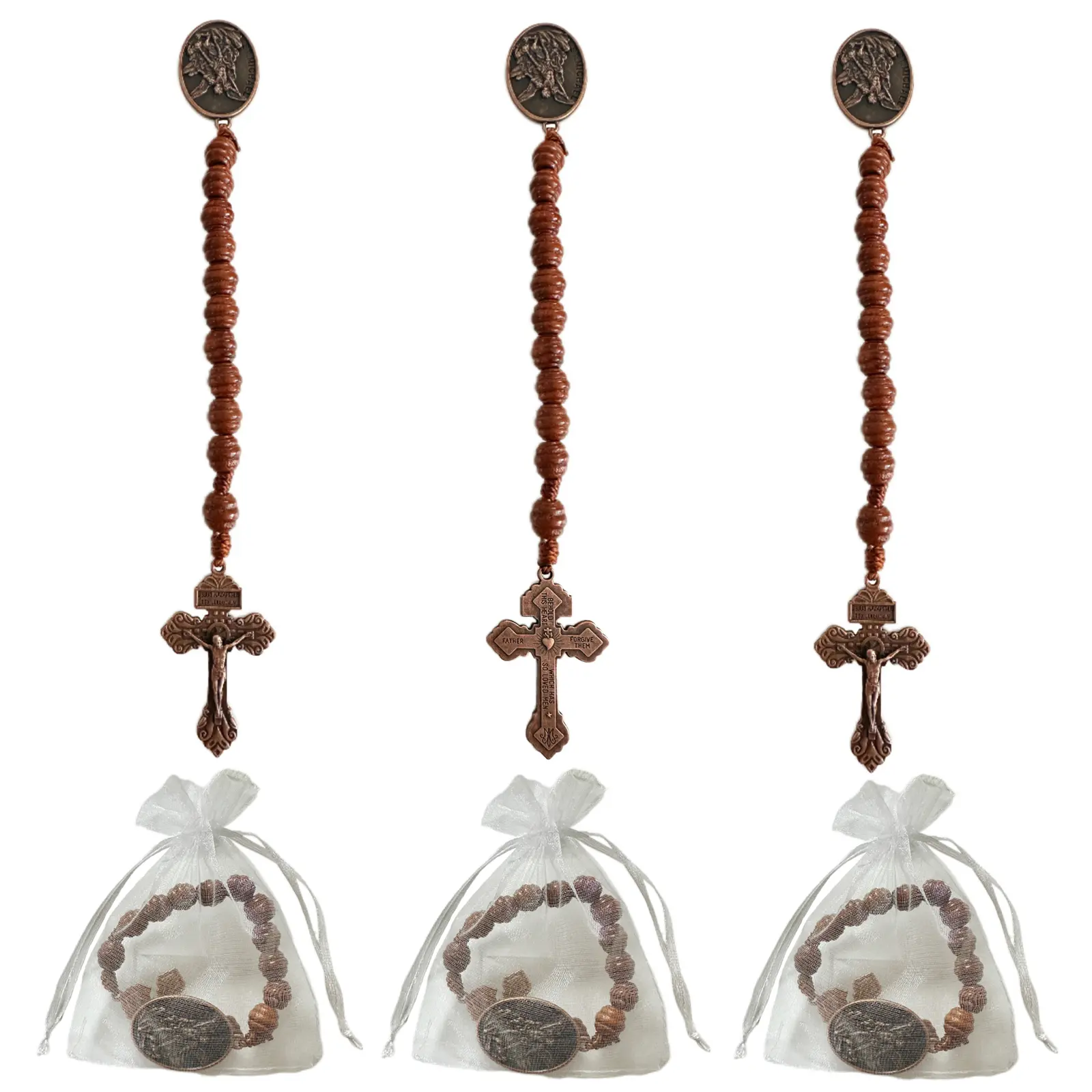 Saint Michael Archangel Handmade Wooden Rosary Beads Set with Religious Cross Print Pocket Crosses - Catholic Christian Prayer Accessory, Organza Bag Included - Ideal Baptism Favor by summerwins