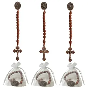 Saint Michael Archange Handmade Wooden Rosary Beads with Pocket Crosses - Organza Bags for Catholic Christian Prayer - Ideal Baptism Favor & Easter Gift