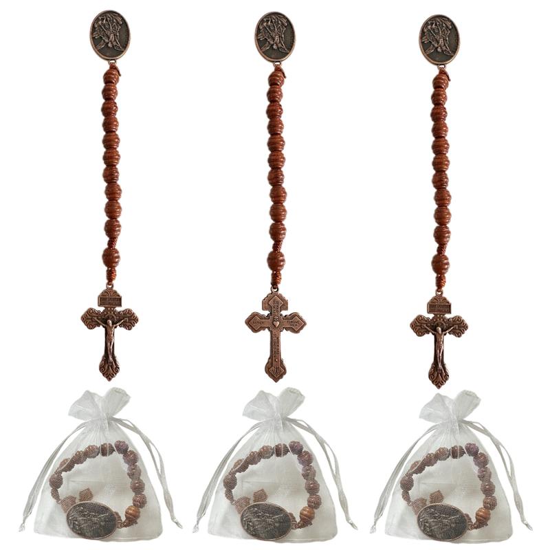 Handmade Wooden Cross Set - Fashion Unisex Catholic Prayer Necklace with Saint Michael Archangel Print Cross, Portable Easter Gift Set in Organza Bags, 3/12/25 Packs, Pocket-Size Costume Jewelry Charm