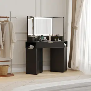 Fluted Corner Vanity Desk with Mirror & Lights – Makeup Table with Charging Station, Drawers & Storage Cabinets