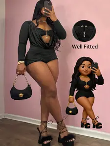 Women's Two-Piece Long Sleeve Jumpsuit Shorts, High Stretch Skin-Friendly Slimming Bodycon Overall Pants, Spring & Fall Sexy Streetwear