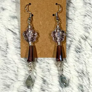 Silver Clear Flower and Purple Glass Beaded Dangling Hook Earrings