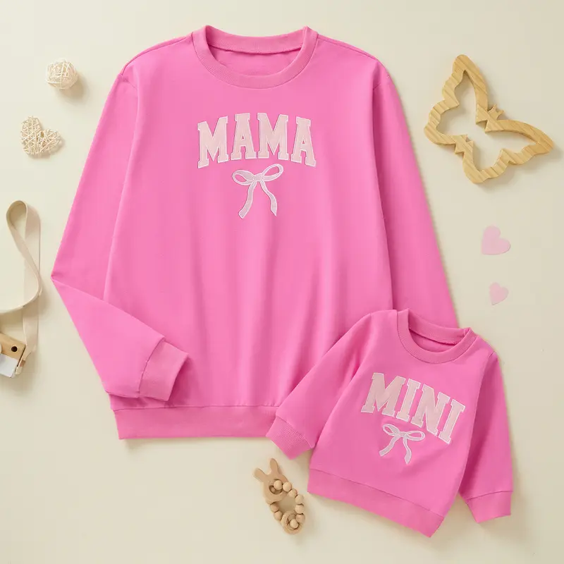 Family Matching Sweatshirt Letter Bow Embroidery Round Neck Mommy and Me Sweatshirt Autumn Winter Comfortable Warm Tops day outfit