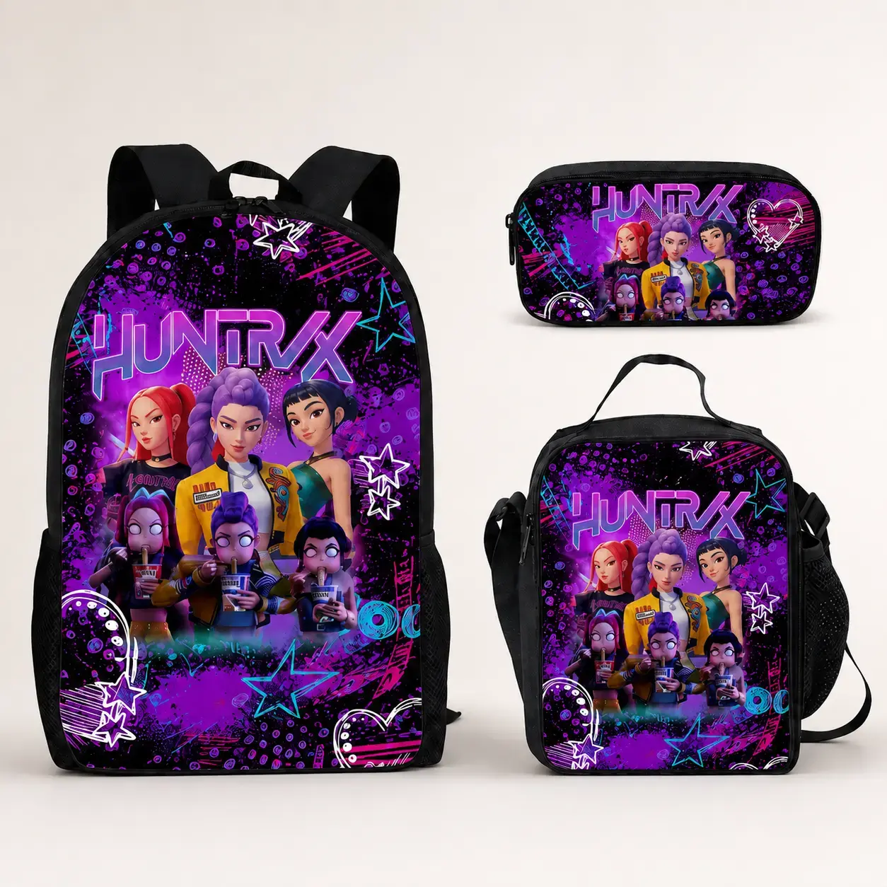 3D Idol Girl Group K-Pop Backpack Set for Girls, Backpack Only or 3-Piece School Bookbag with Lunch Bag & Pencil Case, Purple Back to School Travel Set