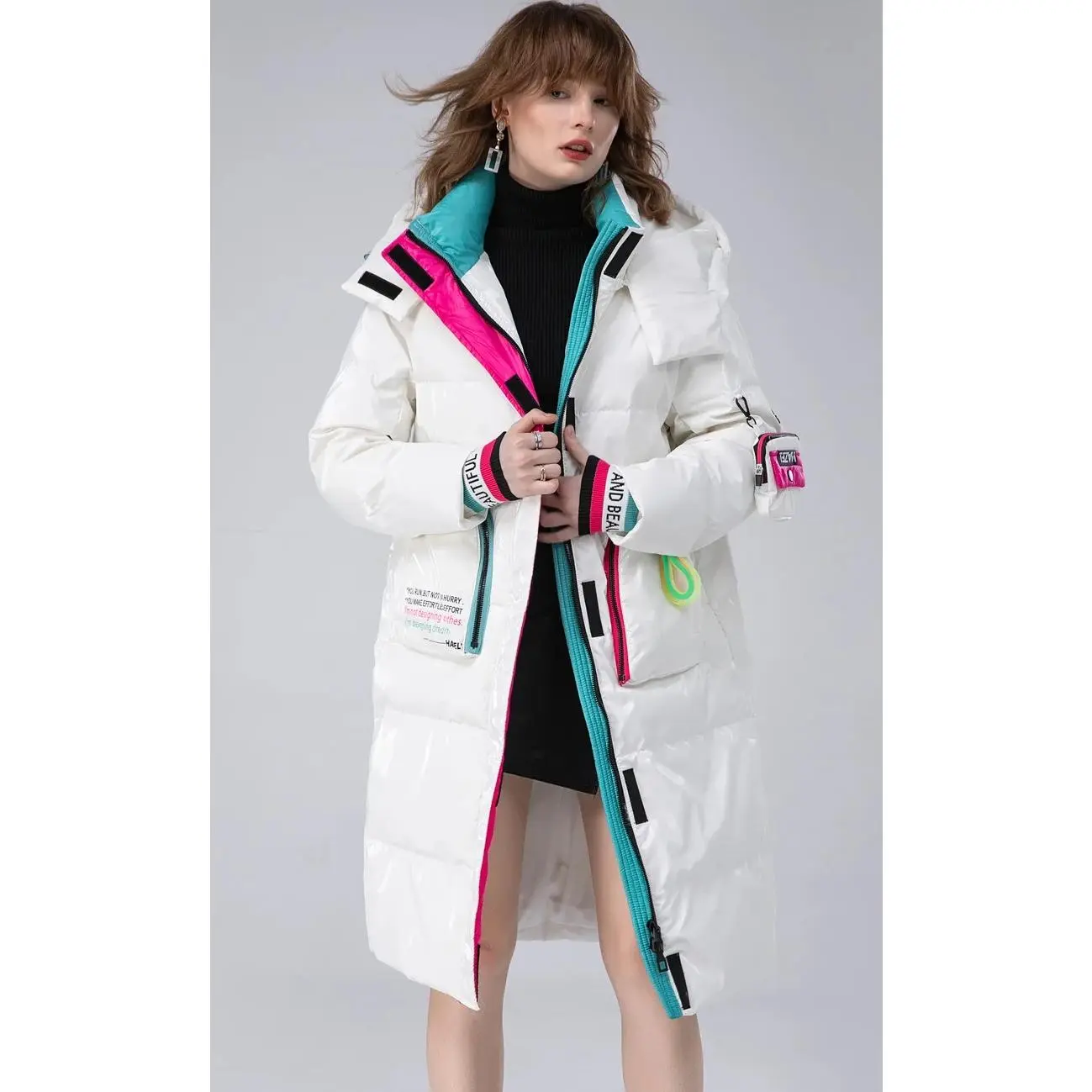Women's Glossy Winter Hooded Parka, White Duck Down, Big Pocket, Knee-Length, Cotton-Lined Warm Outerwear Coat, Essential
