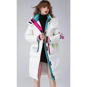 Winter Glossy Long Hooded Jacket Parka Women White Duck Down Big Pocket Knee Length Down Jacket Female Warm Down Outwears Coat