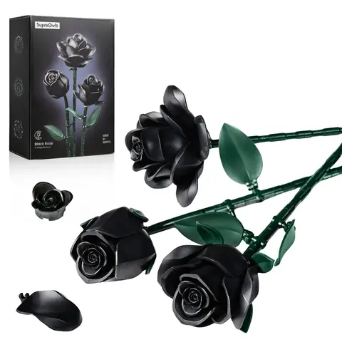Supreowls Three-branched Black Rose Bouquet Building Set,Eternal Flower Botanical Collection Blocks Kit for Adults and Women, Elegant Gothic Artificial Flowers for Home Decor, Ideal for Valentine’s Day & Halloween & Christmas Gift