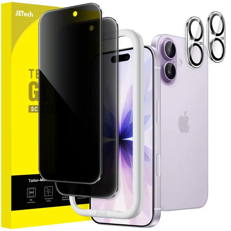 JETech Anti-Peek Privacy Tempered Glass Screen Protector with Camera Lens Protector for iPhone 17 Series, 2-Pack Phone Accessories, Protective, Scratchproof, Scratch Resistant, Easy Installation Tool Included